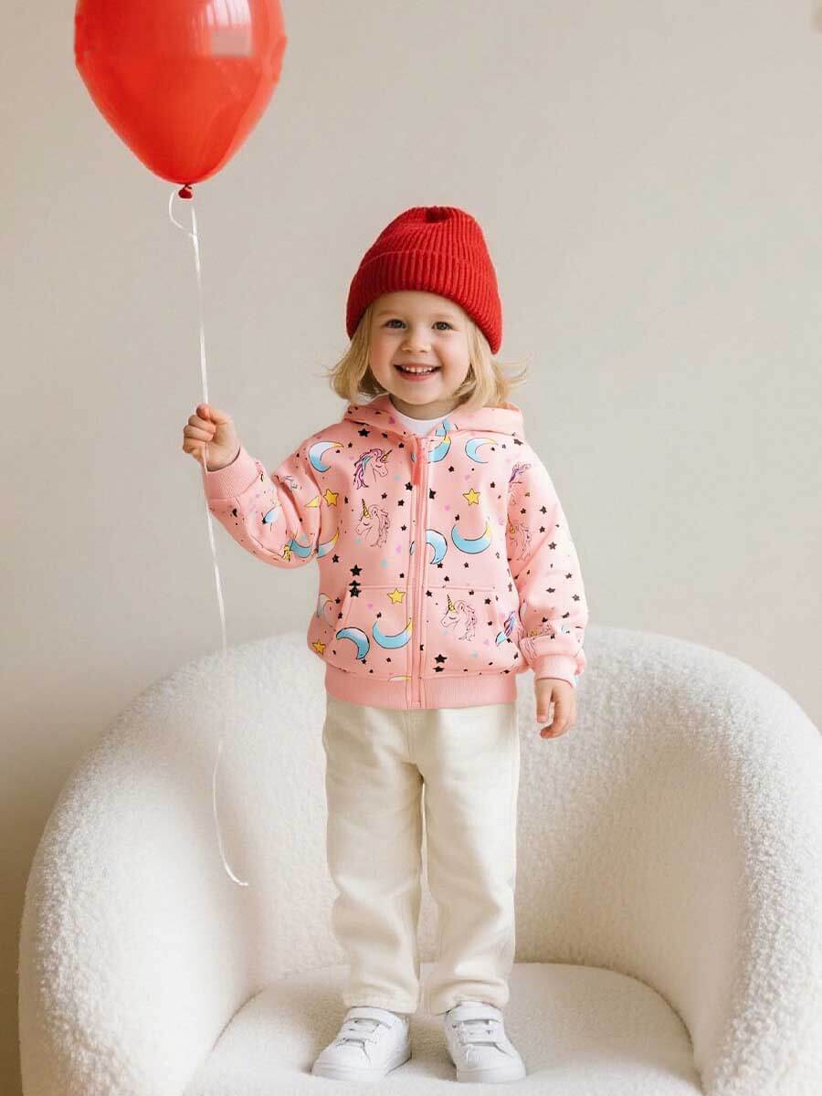 Unicorn Print Hooded Jacket for Kids - Magical Mythical Creature Graphic Coat with Fleece Lining | Kalawee