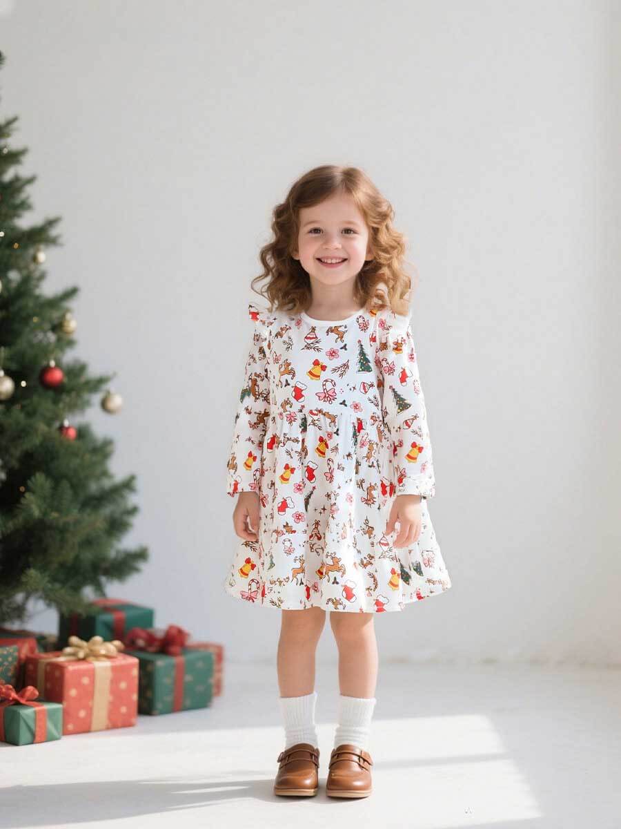 Christmas Tree Print Princess Dress with Adorable Flutter Sleeves | Kalawee