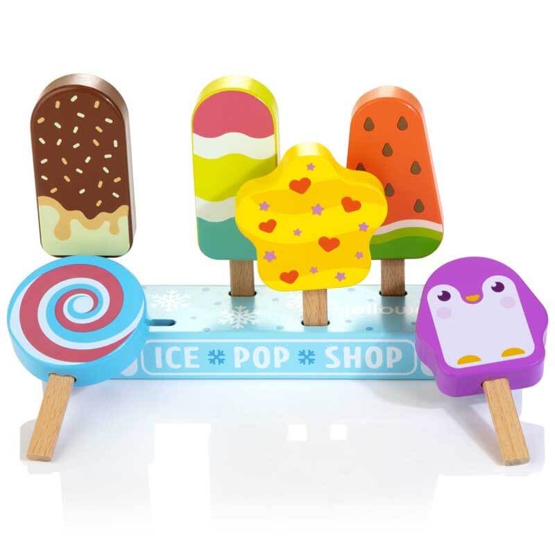 Wooden Toy Foods for Kids, 7 Pcs Ice Pop Pretend Play Set, Play Food Toys Set, Preschool Toy Gift for Boys Girls Ages 3 4 5 6 7 8 | Shinymarch