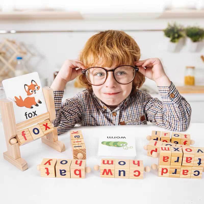 Wooden Reading Blocks Short Vowel Rods Spelling Games, Flash Cards Turning Rotating Letter Puzzle for Kids, Sight Words Montessori Spinning Alphabet Learning Toy for Preschool Boys Girls | Shinymarch