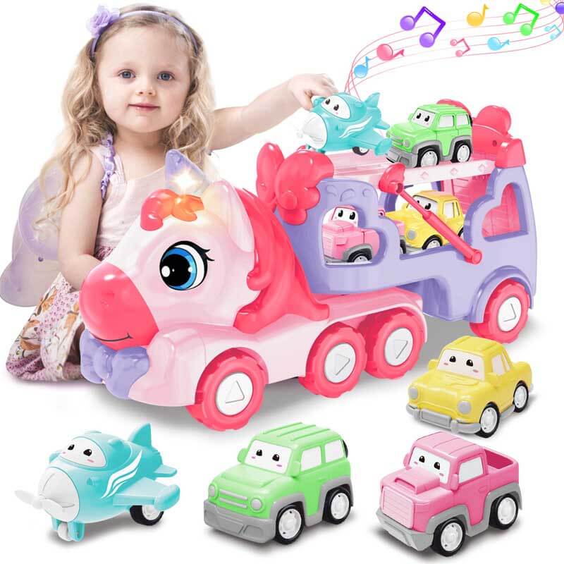 Toys for 1 2 3 Year Old Girl, 5-in-1 Unicorn Toys Carrier Truck Toy Cars with Light & Sound,Girl Toddler Toys Age 2-4,1 2 3 Year Old Girl Birthday Gifts Kids Toys for Girls | Shinymarch