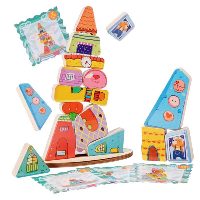 Montessori Wooden Stacking Toy,Colorful Houses Building Blocks Game 14 Pcs Montessori Balance Sorting & Stacking Toy for Kids 2 3 4 5 6 7 Year Old Boys Girls Gift,Preschool Educational Learning | Shinymarch