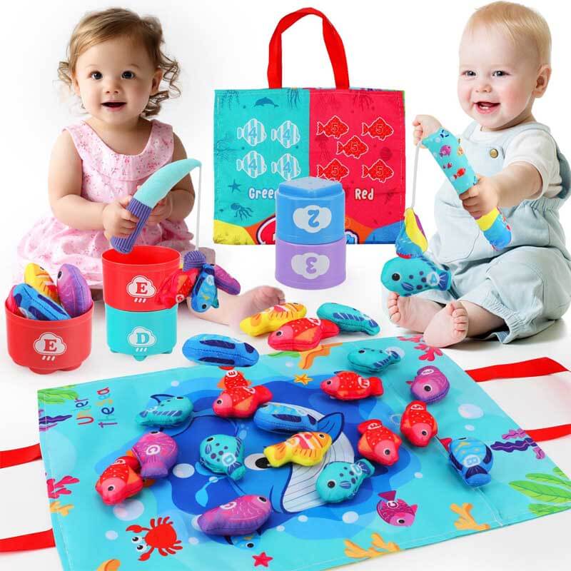 Montessori Cloth Fishing Game Toy for 1-3 Year Old, Stacking Cups with Numbers Counting, Color Sorting & Shape Learning, Toddler Educational Toys for Babies 6-18M+, Birthday Easter Gift for Boys Girls | Shinymarch