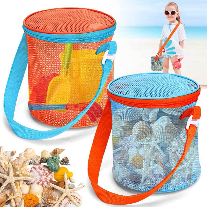 Sea Shell Bags for Beach,2pcs Mesh Seashell Holder,Shelling Collecting Tools Travel Sand Toys Storage Bucket for Sandbox,Beach Vacation Essentials for Kids,The Beach Must Haves Sand Box Toy Bag | Shinymarch