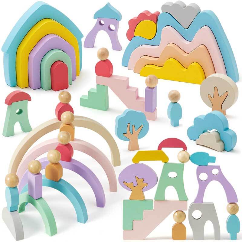 Wooden Rainbow Stacking Toys for Toddlers, 46 Pcs Stacking Building Blocks with Little People/Tree/House/Mountain, Montessori Toys Birthday Gifts for Preschool Kids 3 4 5 Years Old | Shinymarch