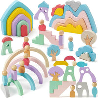 Wooden Rainbow Stacking Toys for Toddlers, 46 Pcs Stacking Building Blocks with Little People/Tree/House/Mountain, Montessori Toys Birthday Gifts for Preschool Kids 3 4 5 Years Old | Shinymarch