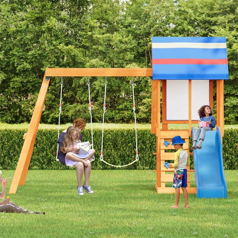 Wooden Outdoor Swing Set 3 in 1 Swing Set outdoor Children's Playset with Slide , 2 Swings and Climber for Garden, Backyard and Playground, Blue  | Shinymarch