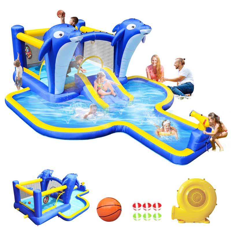 8 in1 Inflatable slide water park trampoline bouncing house outdoor garden with Dolphin sprinkler & Target games & Water gun & Basketball | Shinymarch
