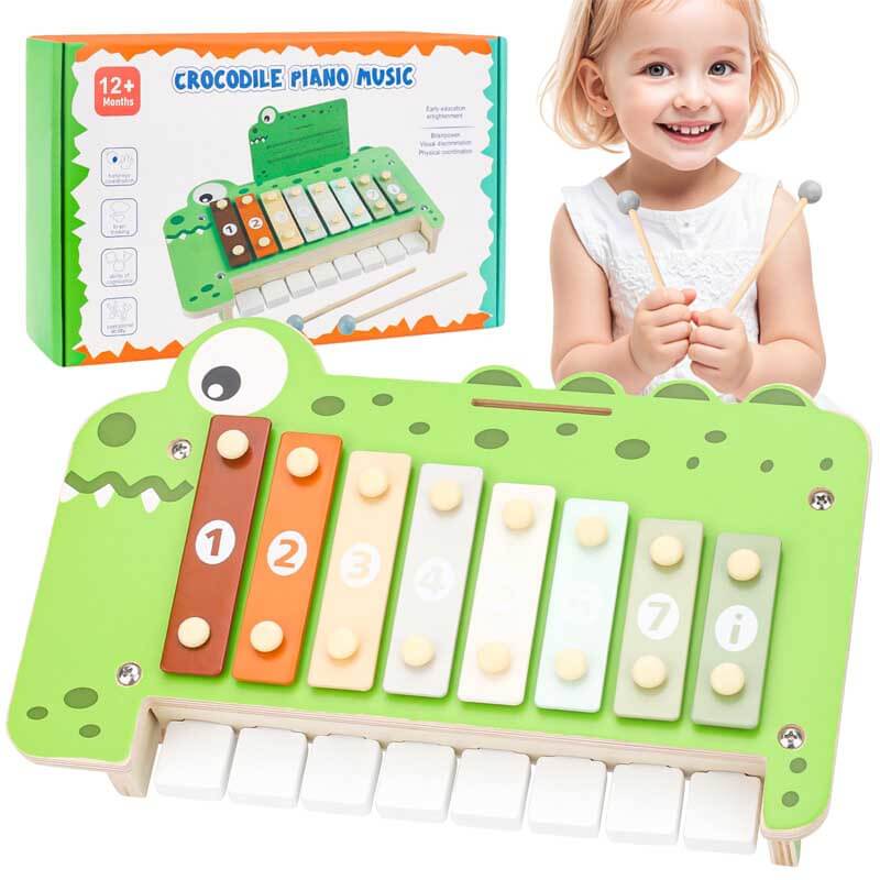 Baby Piano Xylophone Musical Toys - 2 in 1 Wooden Montessori Crocodile Toys for Toddler Kids, 8 Multicolored Key Keyboard Instruments, Preschool Educational Musical Learning Toy for Girls Boys | Shinymarch