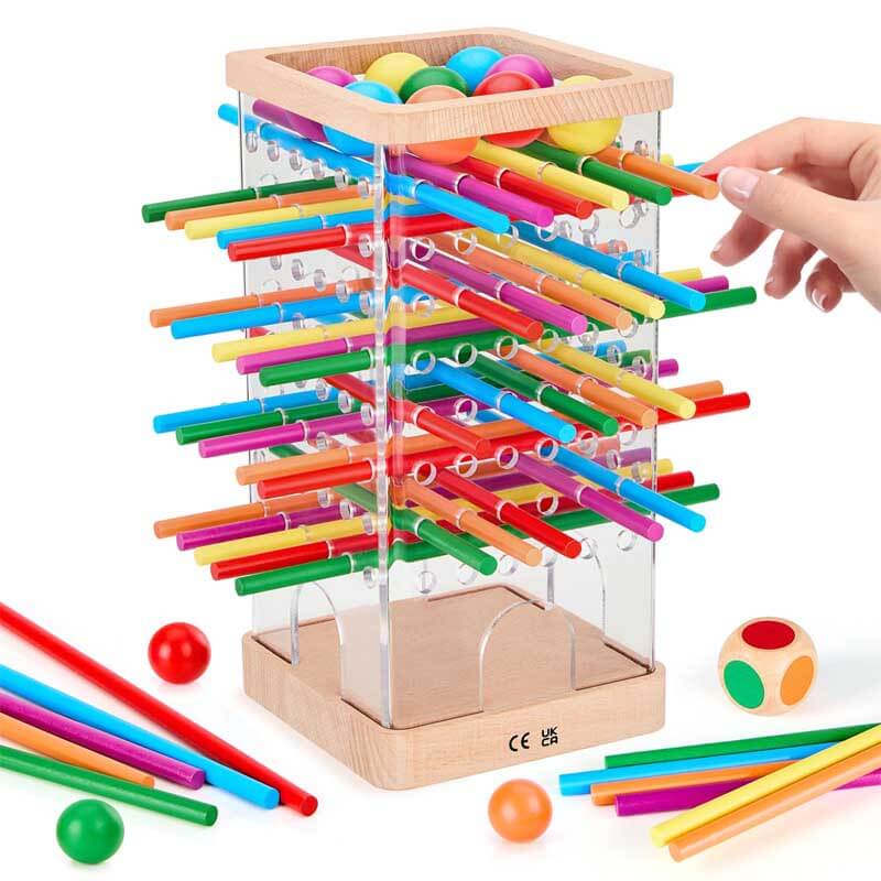 Montessori Wooden Board Games, 48 Colorful Sticks Dice Game with 12 Balls, Family Game for Kids and Adults, Math Educational Toys for 3 4 5 6 Years Old, Fine Motor Skills Toy Gifts for Boys and Girls | Shinymarch