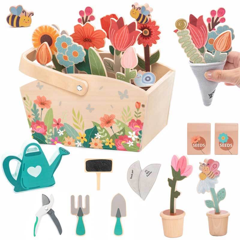 Toddler Wooden Gardening Toys Set-30 Pieces with Hand-held Flower Box for 3 to 8 Year Old Pretend Play Flower Garden Toy,Kids Learning Resources Educational Toy,Girls Birthday Gift | Shinymarch