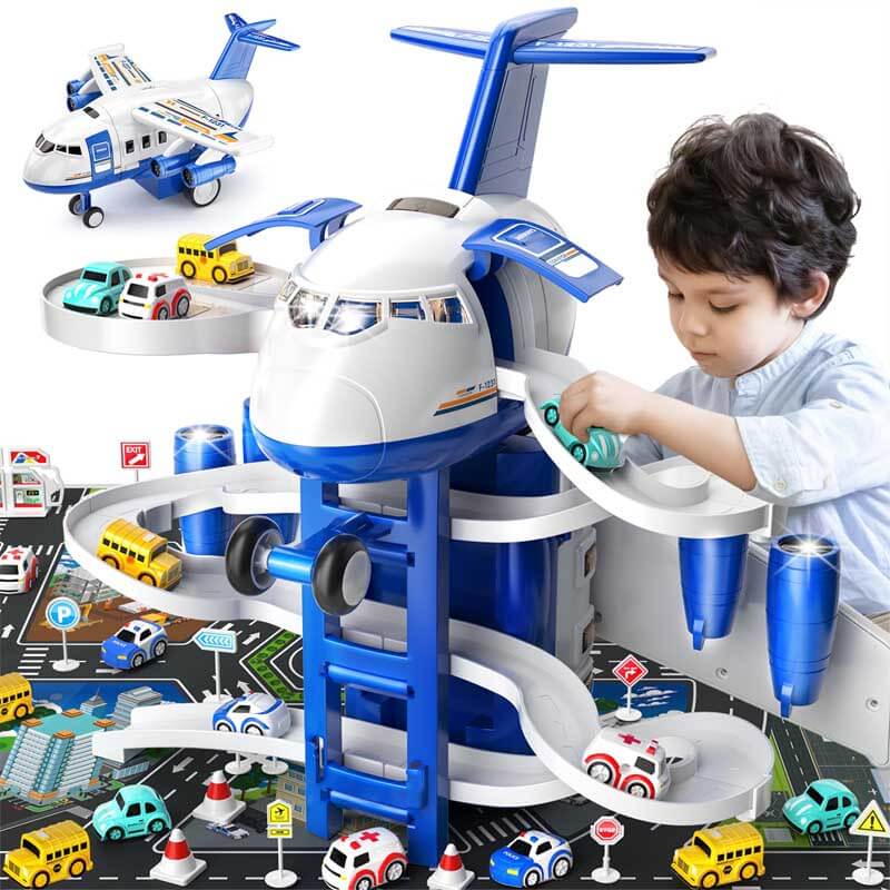 Airplane Toys for Toddlers 3-5 - Car Race Tracks for Kids Ages 4-8 with 8 Small Car Toys, Toddlers Educational Toy, Birthday Gifts for Boys Girls 3-7, Kitchen Playsets Pretend Play | Shinymarch