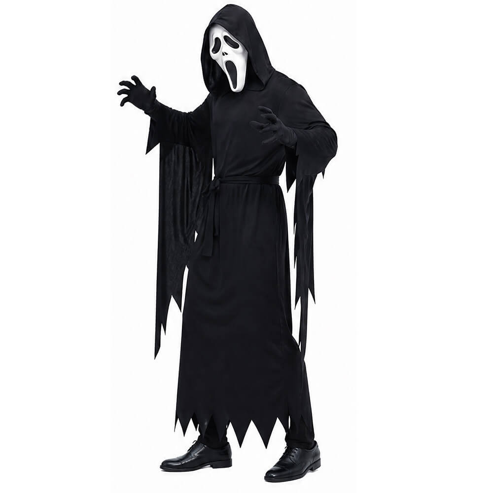 Grim Reaper Costume Set for Kids & Adults - Includes Scary Scream Mask, Hooded Robe & Toy Sickle Scythe for Halloween Cosplay | Kalawee