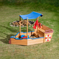 Out door sand box Pirate Ship Sandbox with Cover and Rudder, Wooden Sandbox with Storage Bench and Seat, Outdoor Toy for Kids Ages 3-8 Years Old